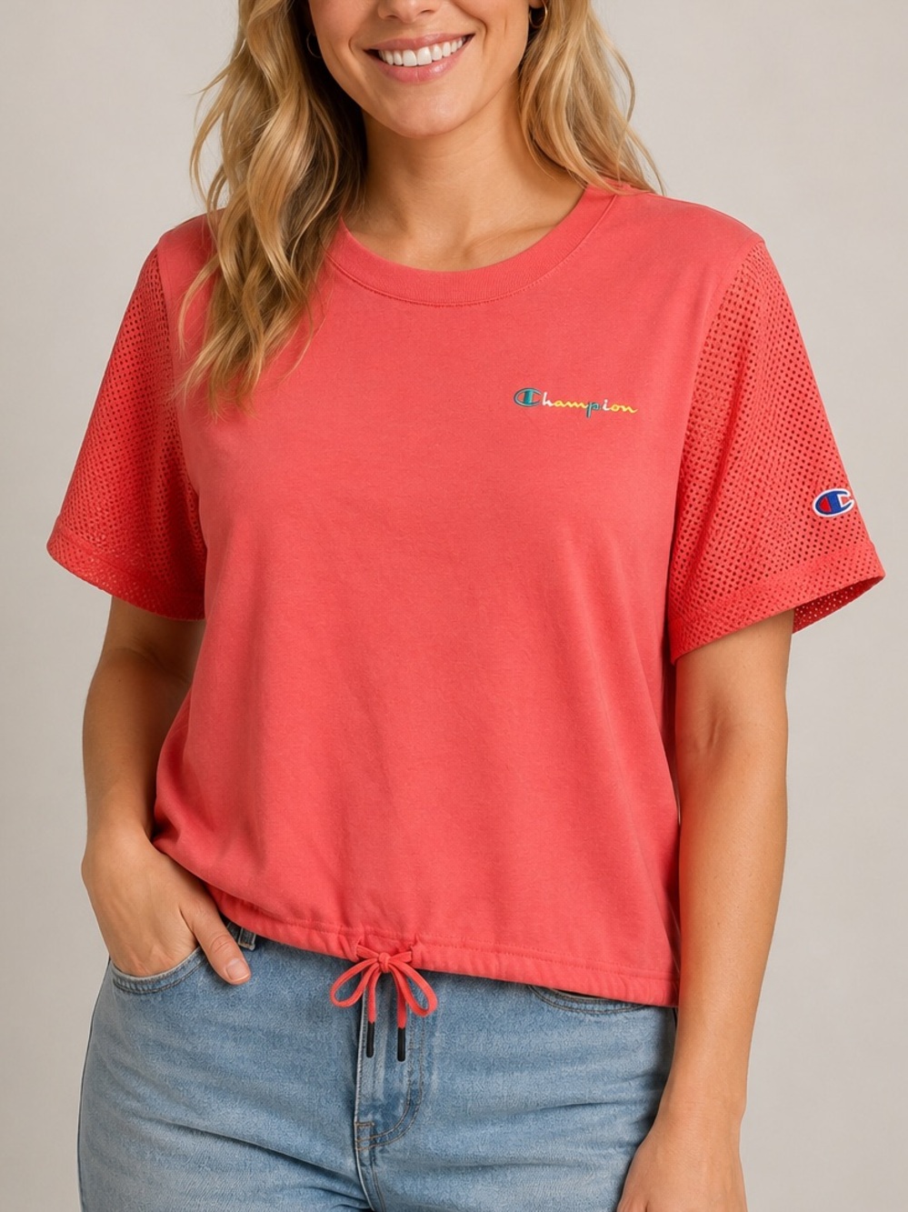 Champion Women’s Coral Mesh Sleeve Drawstring Hem T-Shirt Size M